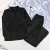 Hechan Black Sleepwear Female Satin 2 Piece Set Solid Women Pyjamas Loose Pants Casual Home Set Sets Nightwear Winter Pocket 220321
