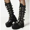 Stiefel Punk Frauen 2022 Neue High Heels Gothic Stil Schwarz Plattform Runde Nase Retro Schuhe Große Größe 44 220709