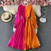 Casual Dresses Fashion V Neck Elegant Big Swing Maxi Dress For Women 2022 Red Yellow Colorblock Satin Lace-up A-Line Beach Party