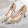 Sandals Luxury Pearl Beaded High Heels French Lace Pointed Thin Heeled Sandals Women Wedding Dress Shoes 220317