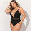 Women's Plus Size Tracksuits High Waist V Neck Swimsuits Push Up One Piece Swim Suit For Women Swimwear Mesh Insert Bathing Suits Black 5XLW