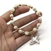 Brins de perles faits à la main, chapelet blanc doré, chaîne, pendentif croix d'ange pour femmes, bijoux religieux catholique, cadeau Lars22