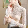 Women's T-Shirt Summer Clothes For Women 2022 Office Fashion Elegant Lace Hollow Out T Shirt Bell Long Sleeve See Through Sexy Slim Top
