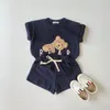 Yaz yürümeye başlayan çocuk bebek giysileri seti çocuk karikatür ayı desen moda tişört + çocuk gündelik pamuk kısa pantolon 2pcs takım elbise 220507
