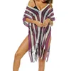 Kvinnors badkläder Kvinnor Cover-Ups Beach Dress med TASSEL randigt Loose Mesh Sheer Deep V Neck Badwears Bathing Suit Beachwear Cover-up Summ