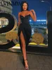 LVINMW – robe longue en Satin noir, Sexy, bretelles Spaghetti, coupe basse, froncée sur le côté, fente haute, Maxi, élégante, Club de fête, été, 220613