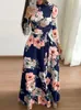 Kvinnors sommarlång klänning avslappnad långärmad boho blommig tryck maxi klänning Turtleneck Bandage Elegant Party Dresses Vestidos 220516