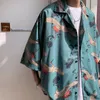 Mens Crane Print koszulka Harajuku Summer Vintage Button Up -Short Rękaw swobodny koszulki Męski Chińczyk