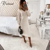 DICLOUD Beige Sweater Dress Woman Autumn Elastic Long Sleeve V Neck Elegant Hollow Midi Party Dresses Knitted Fashion 220402