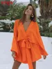 TTQV Sexig V-hals Orange Mini Dress Lady Casual Lace-Up Långärmning Vintage Dress Elegant Loose Rayon Dresses for Women Robes T220804