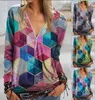 女性用Tシャツ2022ストリートヒップスター女性幾何学的なキューブ印刷vネックジッパーシャツ長袖プラスサイズトップ