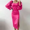 Celmia Party Dress Autumn Women Elegant Satin Maxi Vestidos Long Puff Sleeve Backless Shirt Sundress High Slit Hem Belted Robe Y220401