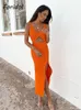 フォリドールボウノットフロントカットオレンジ色のスリットドレス女性ノースリーブvネックミディドレスパーティーロングサマー秋のドレス220511