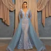 Unique Baby Blue Prom Dresses Lace Appliques Beaded Detachable Train Evening Dress Custom Made Sheer Neck Jewel Long Sleeves Party Gown