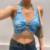 Tanques de mujer Camis Sexy Satén Crop Tops Chalecos Paisley Halter Camisolas Playa Sin espalda Fiesta inalámbrica Slim Fit Con cuello en V Azul Verano Casual W