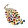 Pinos broches jóias 18K Gold Gold Big Peacock Broche Broche Vintage Emerald Green Crystal Rhinestone Pin Animals Para Drop Grow Drop Deliver