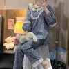 Pijama de manga longa feminina Define Princesa Floral Princesa Brufles Sweet Nightwear Spring Lounge Pijamas de pescoço duas