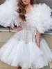 Tiered Puffy Sexy Prom Dresses Illusion Beading Short Sleeve Sequin Aftonklänningar Custom Made Mini Cocktail Dress