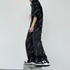 Summer Lightweight 2 Pieces Sets for Men Korean Fashion Gothic Clothing Teens Hip Hop Streetwear Satin T Shirt Straight Leg Pant 220621