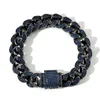 Link Chain Hip Hop Micro Paled Blue CZ Stone Bling Iced Out Solid Black Cuban Bangle Armband för män Rapper JewelryLink