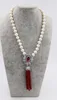 Collar anudado a mano perla de agua dulce blanca cerca redonda 9-10 mm 2x4 mm cuello de jade verde rojo 18 pulgadas