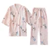 Wiosna i Lato Czysta Bawełniana Przędza Kimono Piżamy V-Neck Drukowanie Plus Size Pijama Mujer Loungewear Kobiet 2-częściowy Pleaswear 220329