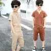 Kids Clothes Sets Short Sleeve T Shirt pant 2 Pc Suit Children Suits Fashionable Pure Cotton Linen Summer 4 12 Ages 220620