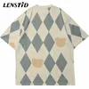 Lenstid Summer Men Sleeve Short Tshirts Hip Hop Temproidery Letter Bear Argyle Tshirt streetwear harajuku casual top tees 220610