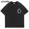 Lenstid Summer Men tvättade kort ärm Tshirts Hip Hop Letter Circle Print Tshirt Streetwear Harajuku Casual Cotton Tops Tees 220610