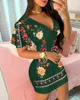 Mulheres elegantes vestidos de bolinhas de estampa de lenço de lenço de cachecol de babados de manga Floral V Bodycon Clubwear 226014