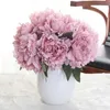 Flores decorativas Guirnaldas 5 cabezas / Ramo de peonías Flor de seda artificial Hortensias falsas para el arreglo de la boda del partido Decoración del hogar