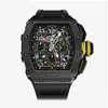 Luxury Mens Mechanics Watch Richa Milles Brand Skeleton Automatic Mechanical Black Rubber Mens Yellow Dial Rose Gold Wristwatch