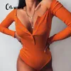 Cnyishe żebrowane dzianinowe przyciski Bodysuny Kobiety Jumps z długim rękawem Bodycon Sexy Streetwear Autumn Ubrania Solid Rompers 220513