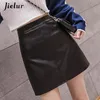 Jielur jupe en cuir automne hiver coréen taille haute Mini femme 4 couleurs Chic noir Sexy Saia a-ligne PU 220322