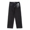 Retro Skull Hand Bone Embroidery Washed Mens Jeans Pants Vibe Style Straight Casual Oversize Denin Trousers Streetwear 220726