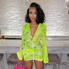 Casual Dresses Summer Women Sexy Floral Print Party Mesh V Neck Flare Long Sleeve Transparent Drawstring Mini Dress Club WearCasual