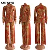 CM.YAYA Autumn Winter Peacock Women's Set Button Up Blouse Shirt Tops and Pants Elegant Tracksuit Two Piece Fitness Outfits 220315