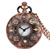 Steampunk Watches Red Copper Flower Cover Men Women Quartz Analog Pocket Watch with Necklace Chain Arabic Number Display