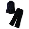 Survêtements pour femmes Ensemble Femme Bleu Slim Velvet Costume Pantalon évasé Deux pièces 2022 Printemps et automne Tempérament Élégant Mode Femme CL