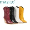 Botas de tornozelo de couro de couro falso amarelo preto branco para mulheres cunha de salto alto botas de cobra grossa impressão ocidental botas de vaqueira y200114