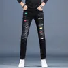 Wholesale Men's Ripped hole 3D embroidery patch black jeans men's brand slim feet casual pants summer thin jeans hombre 201128