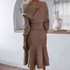 Women Autumn Winter Solid Knitting Suit Long Sleeve Off The Shoulder Sweater Pleated Skirt Bright Silk Two Piece Set T220729