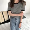 縞模様のビンテージ半袖Tシャツ女性夏の韓国のファッションT-Shir Soft Tops TシャツカジュアルO首ティーメス220328