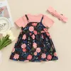 Kledingsets Babymeisjes Zomerkleding Set Korte mouwen Ribbelde Rompers en bloemenprint Suspender Rok met hoofdband 3 stks