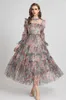 Women's Runway Dresses O Neck Printed Long Sleeves Ruffles Elegant Fashion Party Vestidos