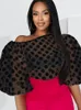 Women Polka Dot Blouse Elegant Tops Transparent See Through Puff Sleeve Sexy Large Size Shirt Fashion Party Female African 220516