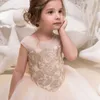 2022 Ivory Vintage Flower Meisjes Jurken Baby Zuigeling Peuter Doop Kleding Satijn Baljurken Verjaardag Party Jurk Custom Made Puff Sheeveveve met Staart