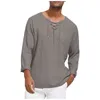 Camicie larghe da uomo nuove T-shirt a maniche lunghe in cotone Henley T-shirt medievale con lacci o collo Top da esterno Camicetta casual di marca di moda Y220426