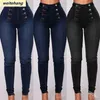 Vintage dünne zweireihige Bleistiftjeans mit hoher Taille für Damen, schmale Passform, Stretch-Denim-Hosen, ganzlange Denim-enge Hosen, 88 220526