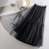 Women Skirt Beige Black Pink High Waist Lace Tutu Skirt ALine Simple Elegant Mesh Tulle Midi Skirt Spring Autumn mujer faldas 220611